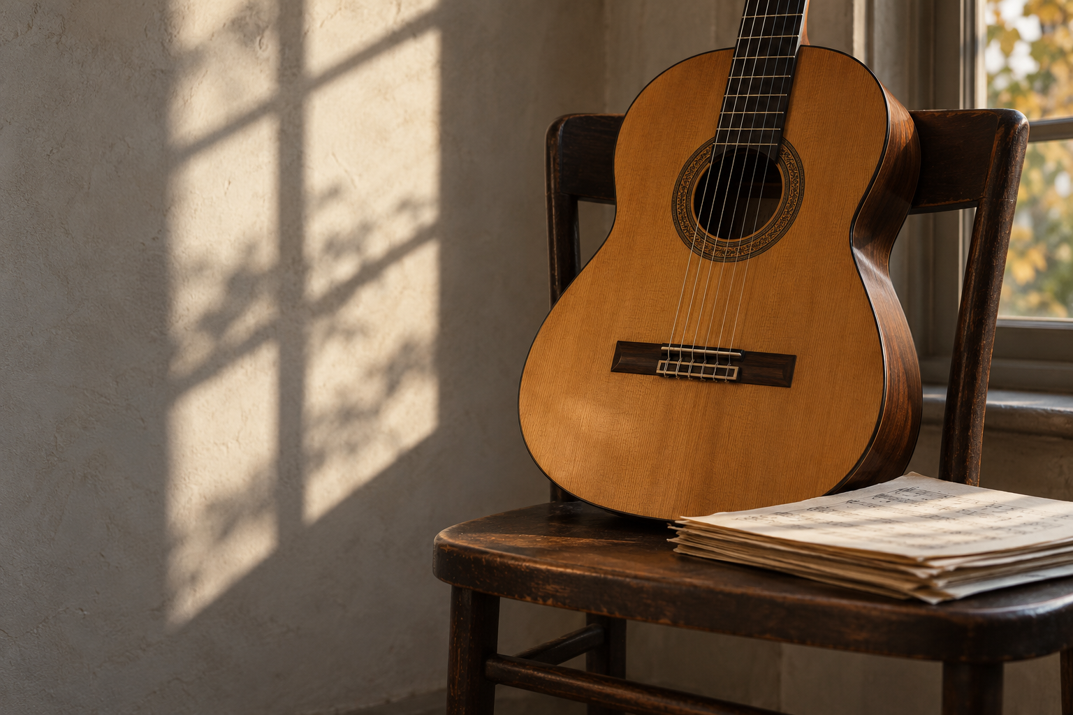 Eine klassische Gitarre und Noten im warmen Fensterlicht